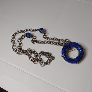 31 Inch Blue And Silver Tone Brooch Pendant Chain Necklace